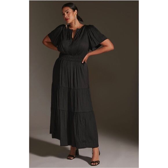 NEW Anthropologie Black Somerset Smocked Waist V-Neck Tiered Maxi Dress XX-Small - Picture 6 of 9